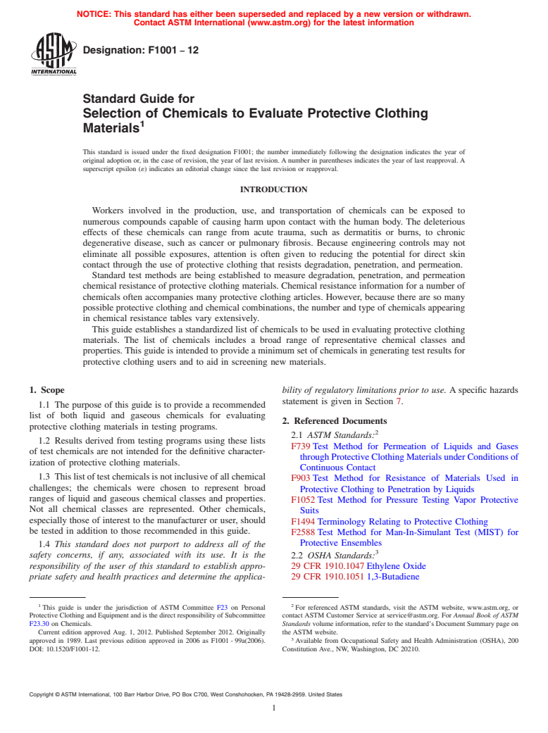 ASTM F1001-12 - Standard Guide for Selection of Chemicals to Evaluate Protective Clothing Materials