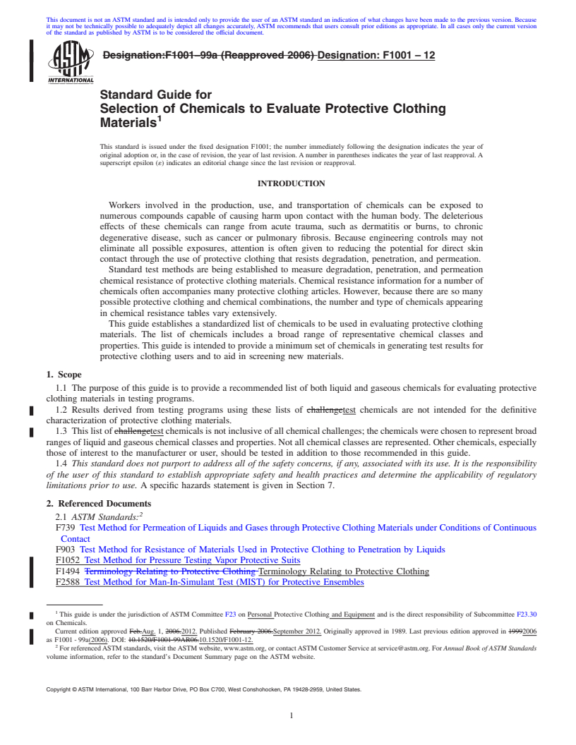 REDLINE ASTM F1001-12 - Standard Guide for Selection of Chemicals to Evaluate Protective Clothing Materials