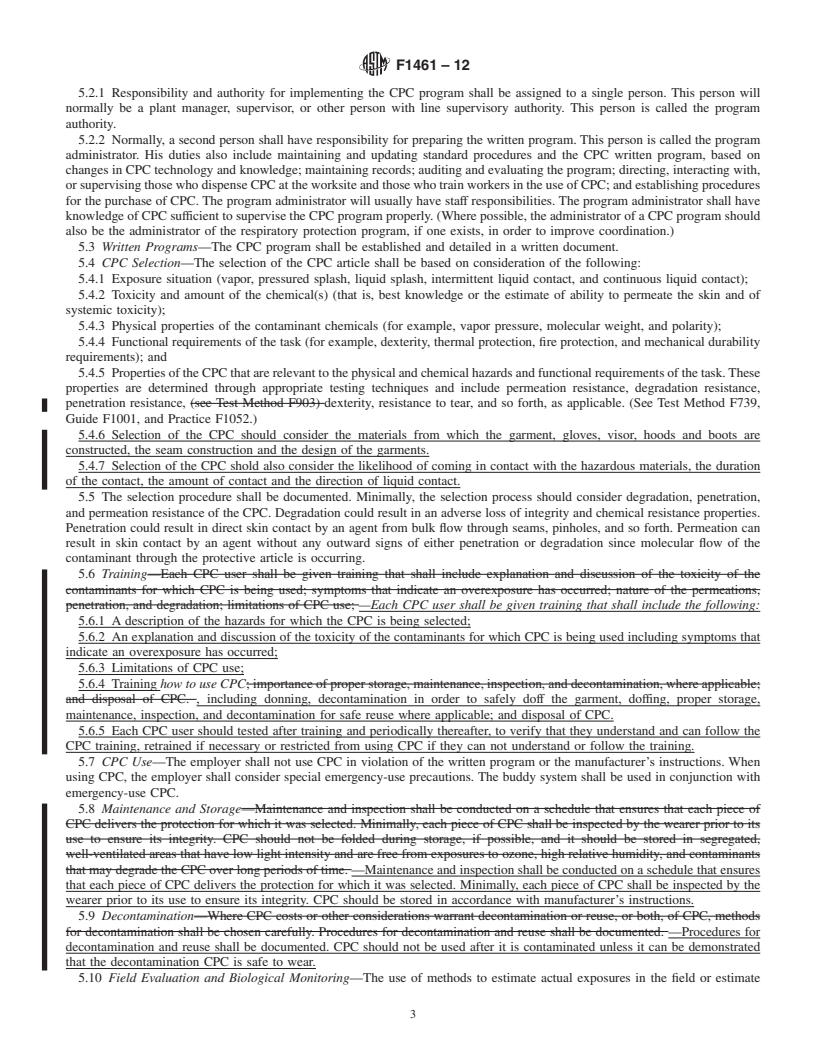 REDLINE ASTM F1461-12 - Standard Practice for Chemical Protective Clothing Program