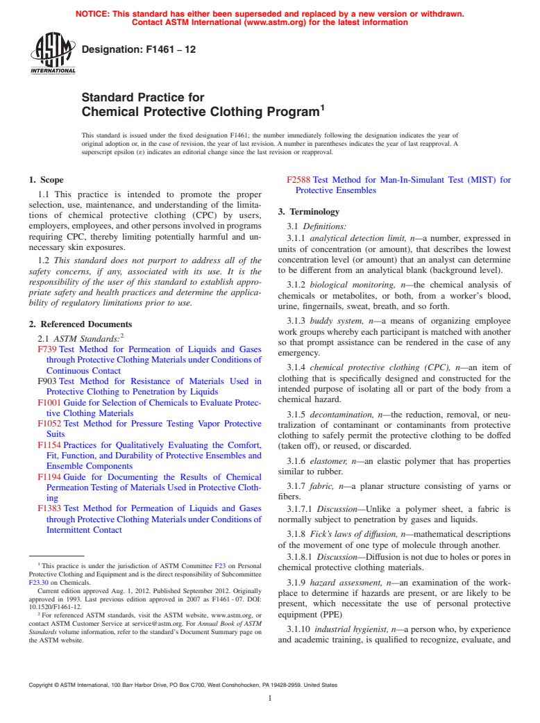 ASTM F1461-12 - Standard Practice for Chemical Protective Clothing Program