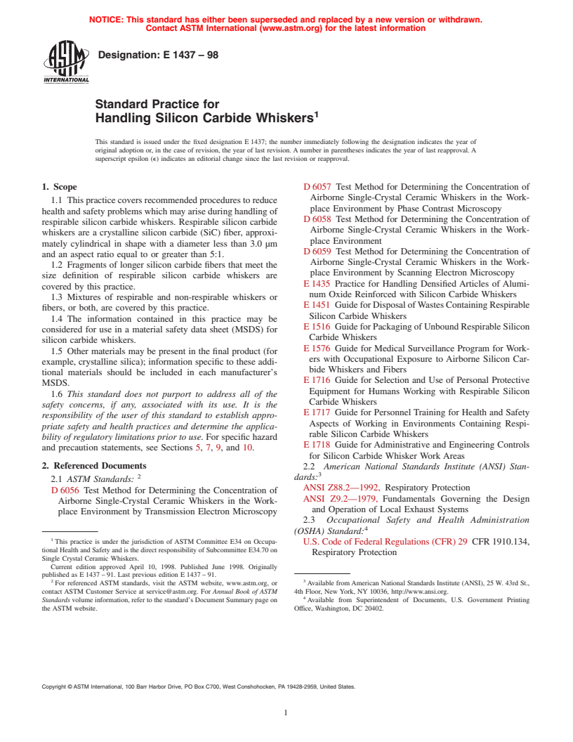 ASTM E1437-98 - Standard Practice for Handling Silicon Carbide Whiskers (Withdrawn 2007)