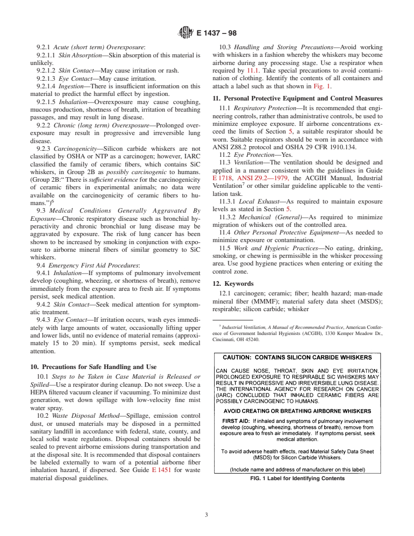 ASTM E1437-98 - Standard Practice for Handling Silicon Carbide Whiskers (Withdrawn 2007)