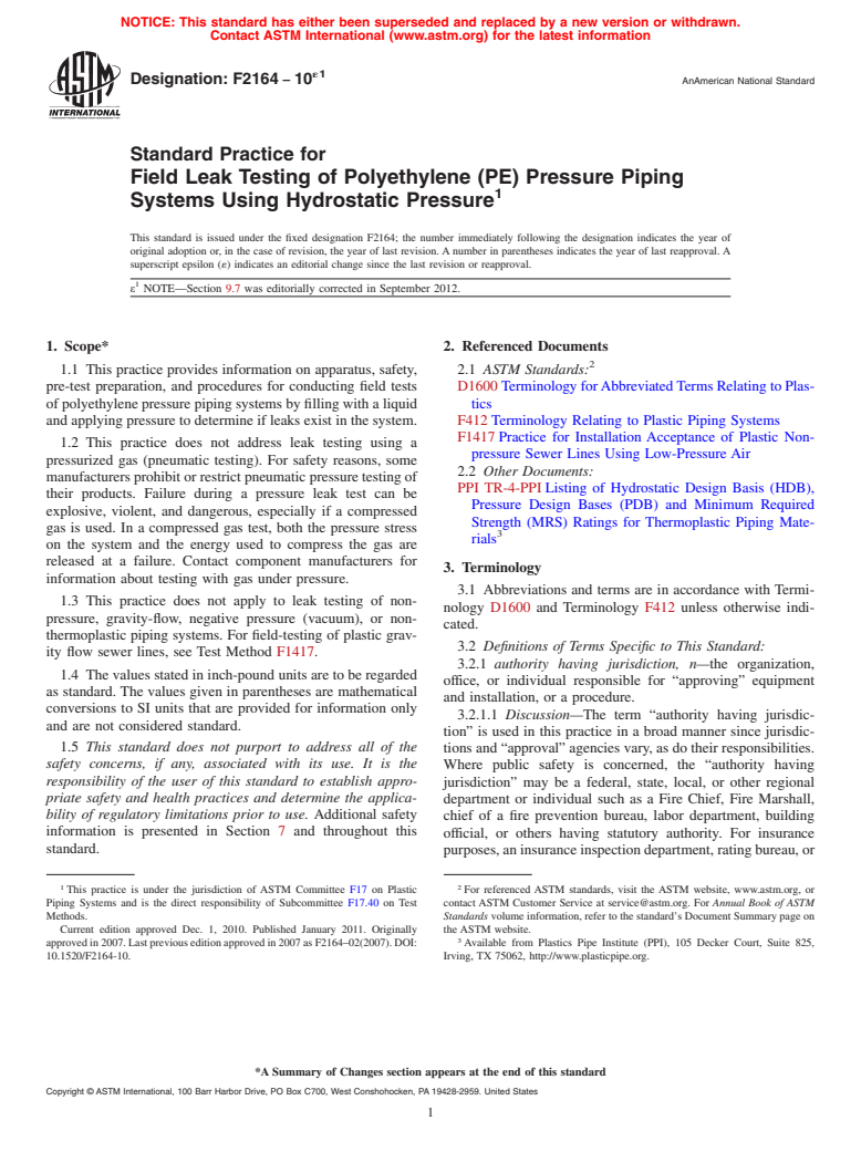 ASTM F2164-10e1 - Standard Practice for  Field Leak Testing of Polyethylene (PE) Pressure Piping Systems   Using Hydrostatic Pressure