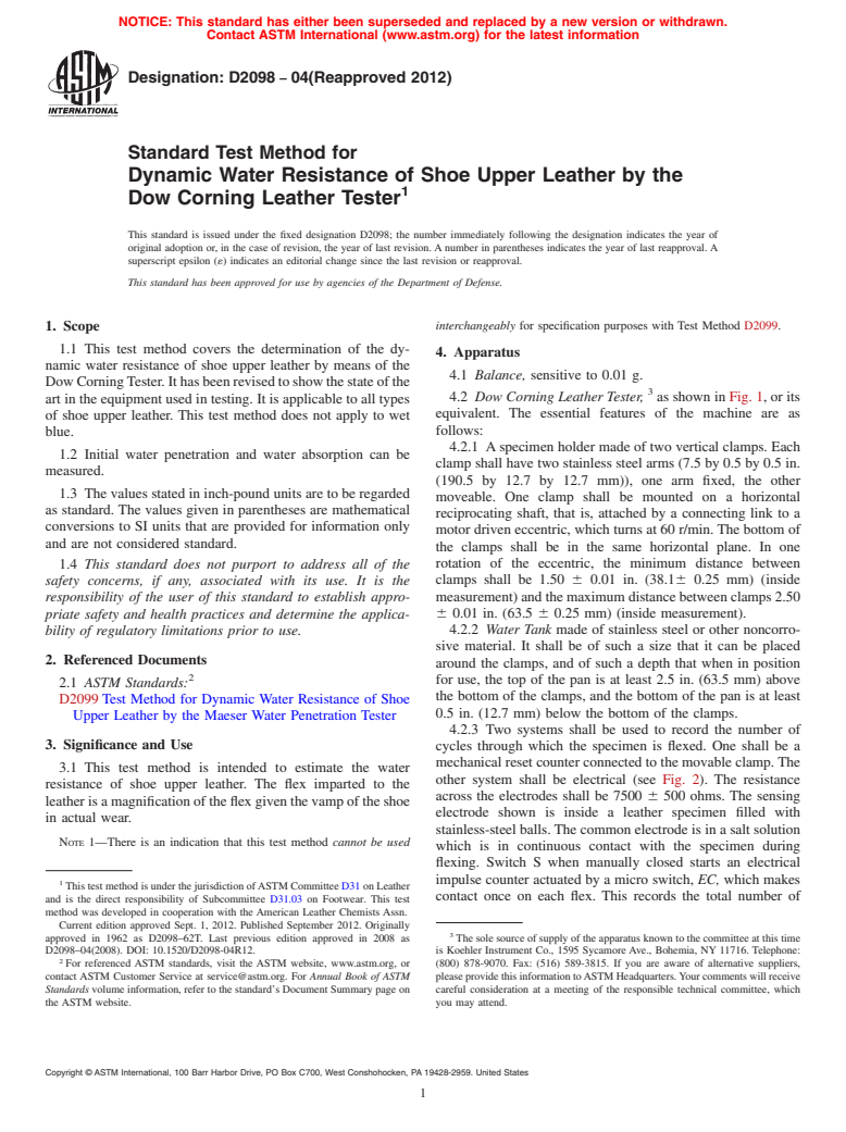 ASTM D2098-04(2012) - Standard Test Method for  Dynamic Water Resistance of Shoe Upper Leather by the Dow Corning  Leather Tester