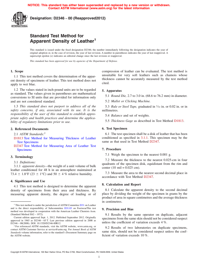 ASTM D2346-00(2012) - Standard Test Method for  Apparent Density of Leather