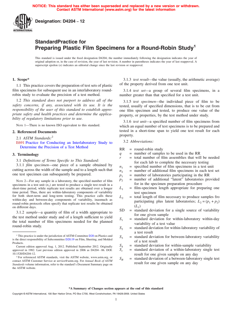 ASTM D4204-12 - Standard Practice for  Preparing Plastic Film Specimens for a Round-Robin Study