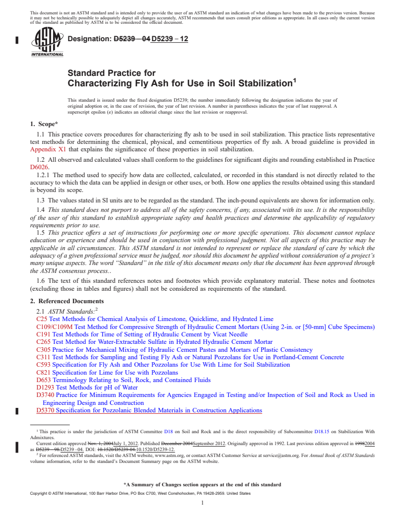 REDLINE ASTM D5239-12 - Standard Practice for  Characterizing Fly Ash for Use in Soil Stabilization