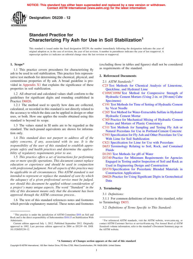 ASTM D5239-12 - Standard Practice for  Characterizing Fly Ash for Use in Soil Stabilization