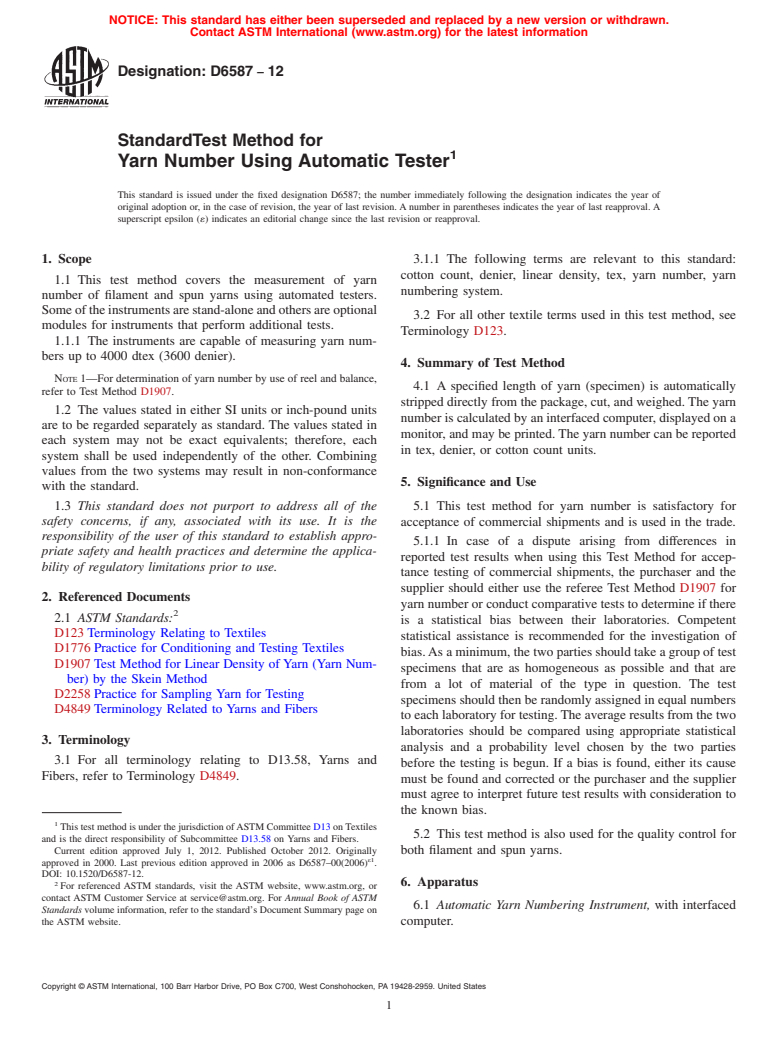 ASTM D6587-12 - Standard Test Method for Yarn Number Using Automatic Tester