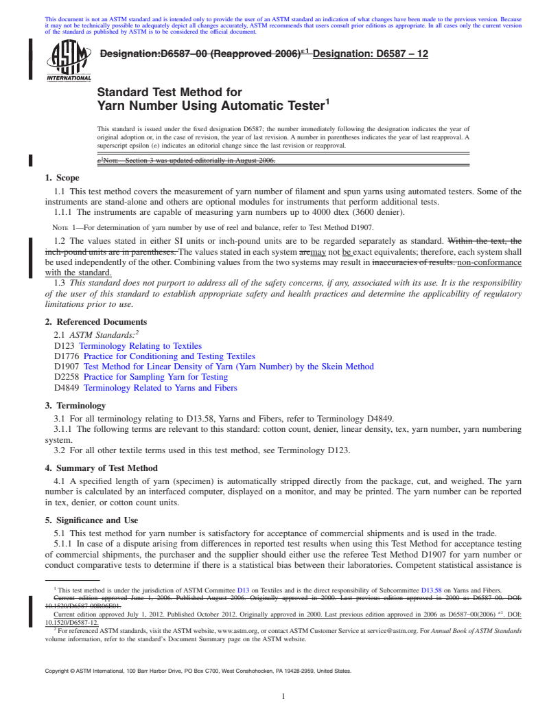 REDLINE ASTM D6587-12 - Standard Test Method for Yarn Number Using Automatic Tester