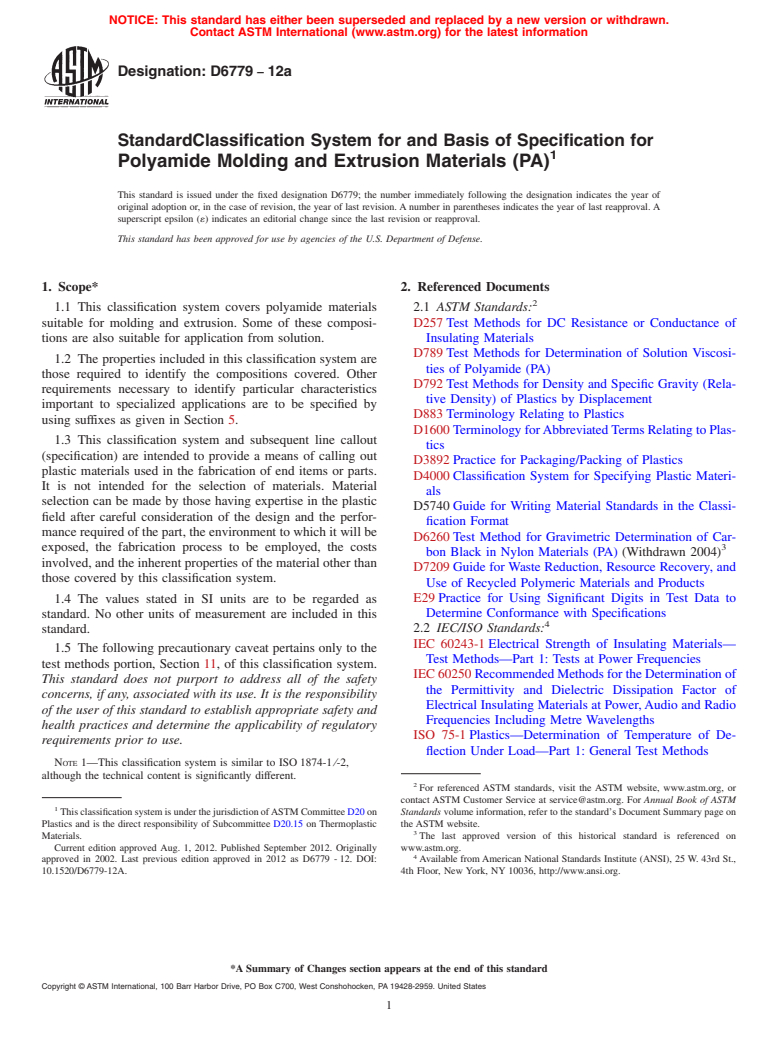 ASTM D6779-12a - Standard Classification System for and Basis of Specification for Polyamide Molding and Extrusion Materials (PA)