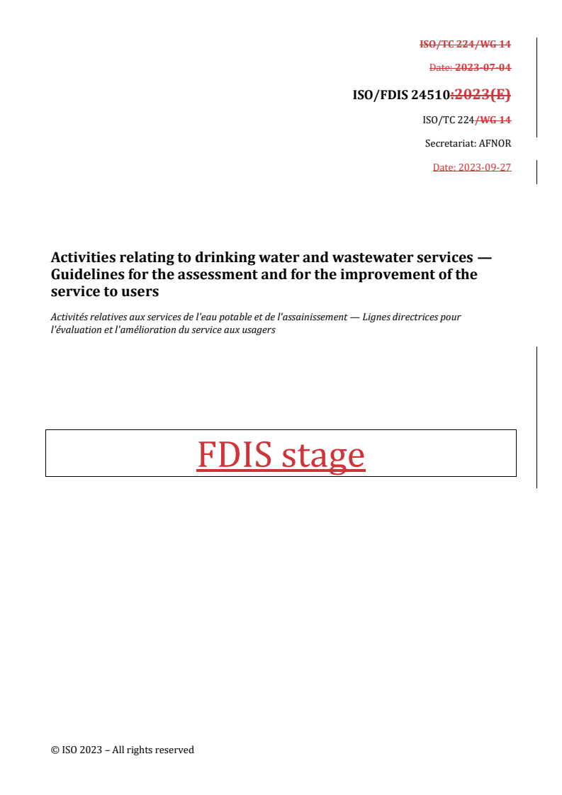 REDLINE ISO/FDIS 24510 - Activities relating to drinking water and wastewater services — Guidelines for the assessment and for the improvement of the service to users
Released:27. 09. 2023