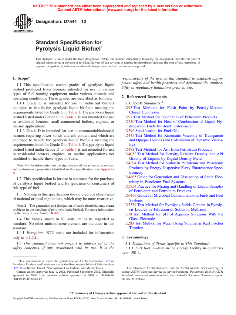 ASTM D7544-12 - Standard Specification for Pyrolysis Liquid Biofuel