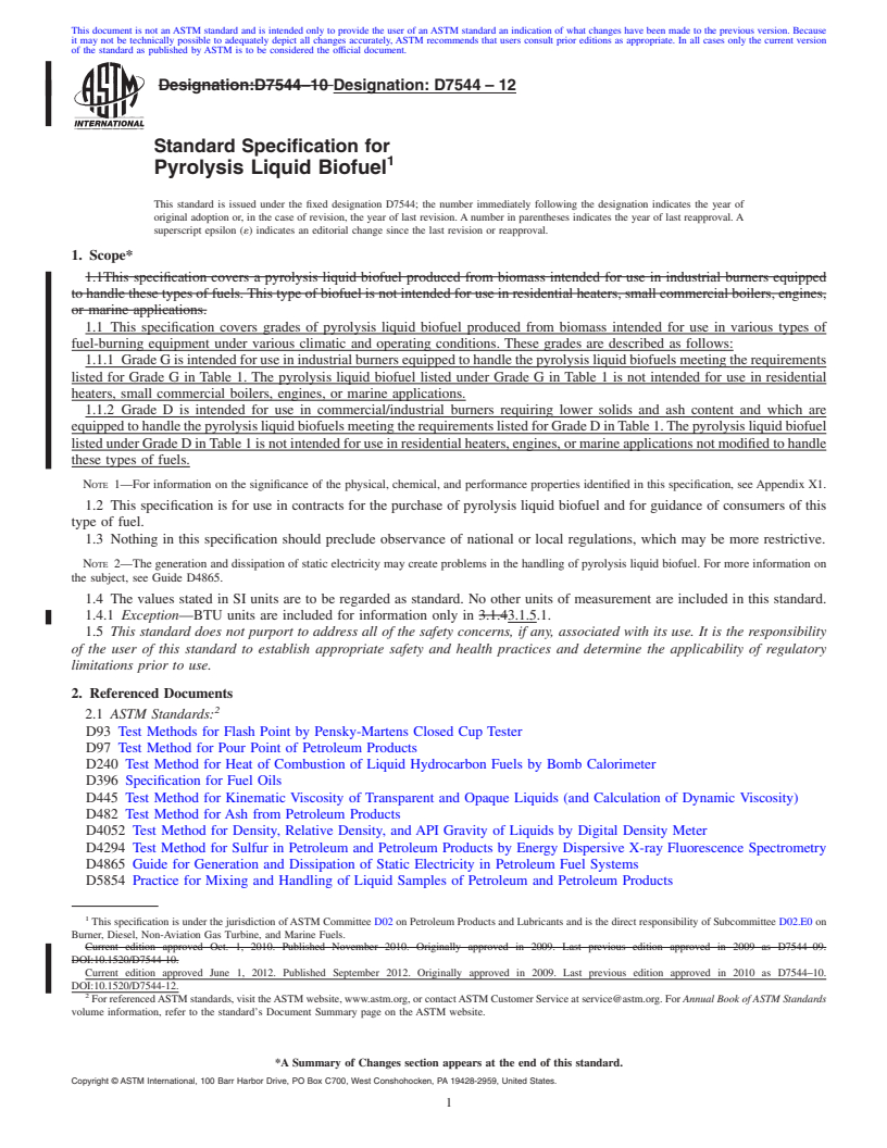 REDLINE ASTM D7544-12 - Standard Specification for Pyrolysis Liquid Biofuel