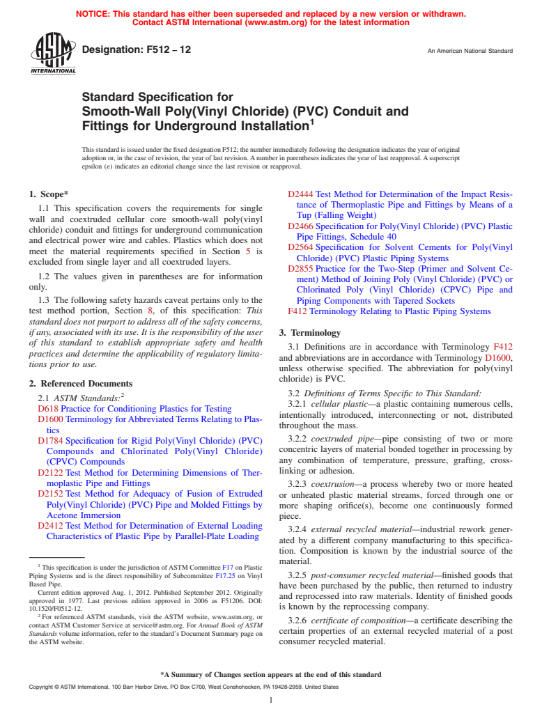 ASTM F512-12 - Standard Specification for  Smooth-Wall Poly(Vinyl Chloride) (PVC) Conduit and Fittings   for Underground Installation