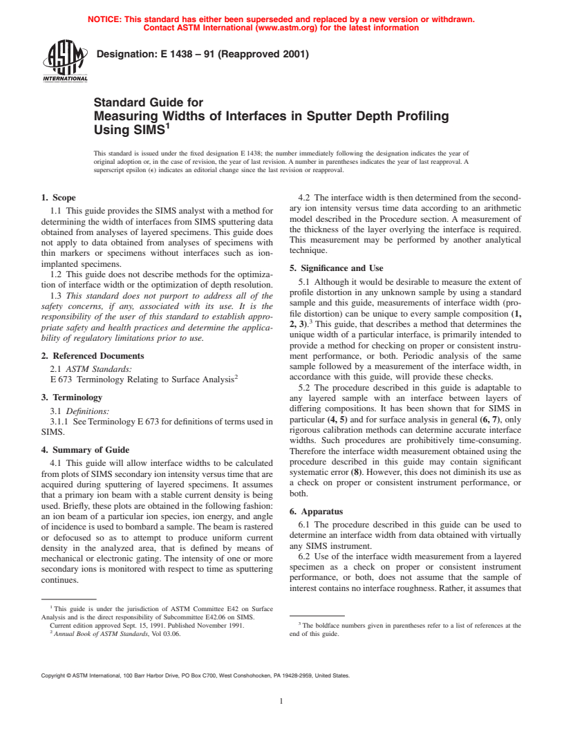 ASTM E1438-91(2001) - Standard Guide for Measuring Widths of Interfaces in Sputter Depth Profiling Using SIMS