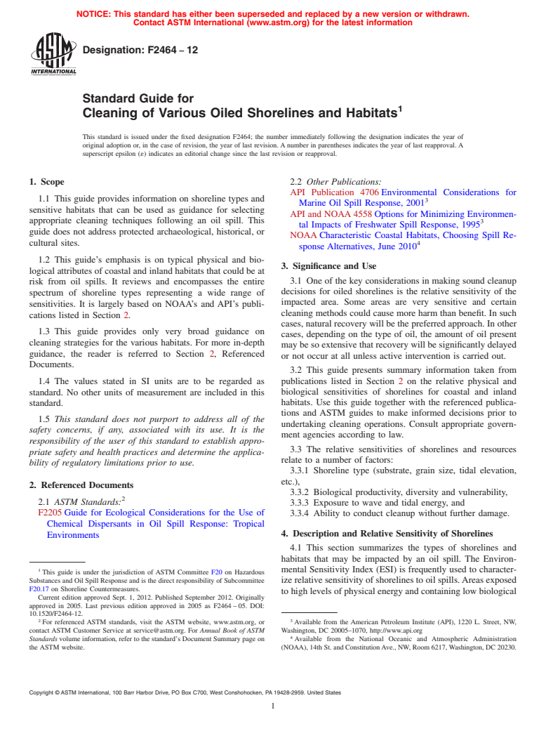 ASTM F2464-12 - Standard Guide for  Cleaning of Various Oiled Shorelines and Habitats