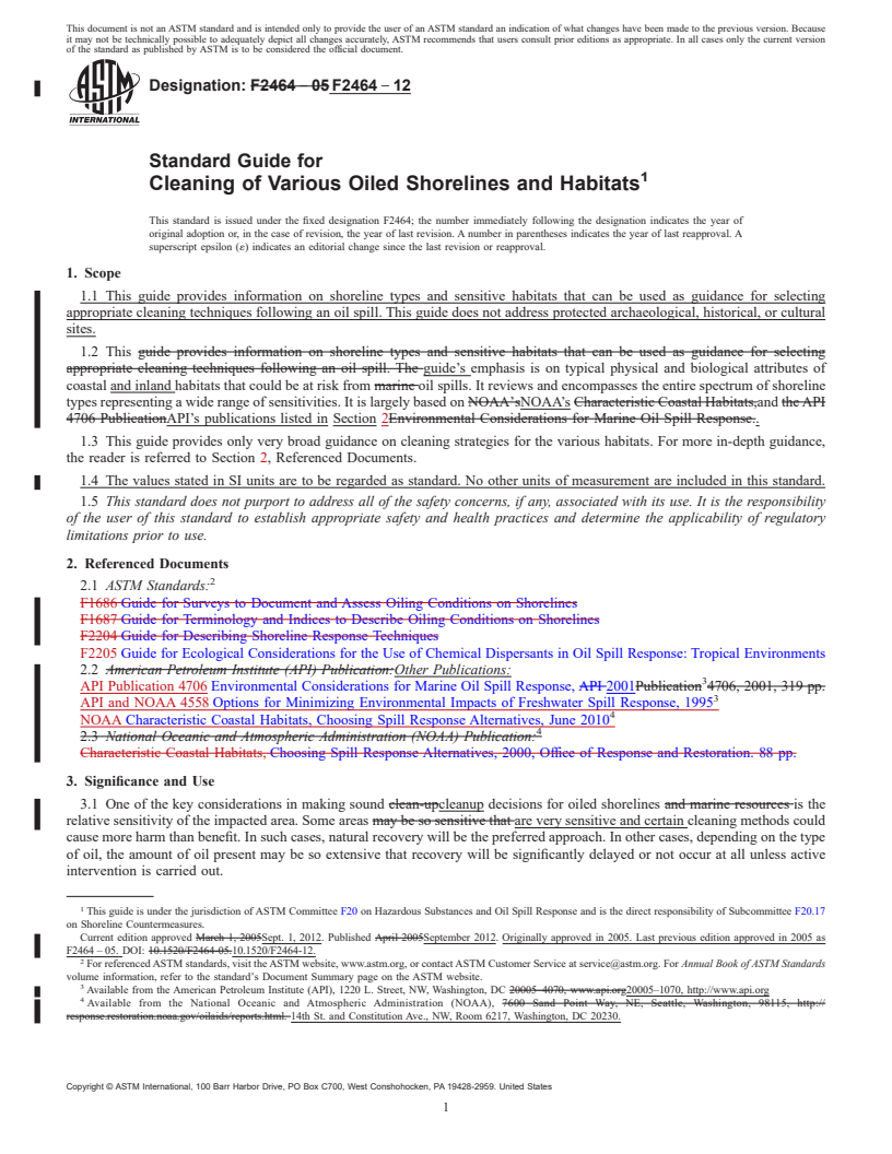 REDLINE ASTM F2464-12 - Standard Guide for  Cleaning of Various Oiled Shorelines and Habitats