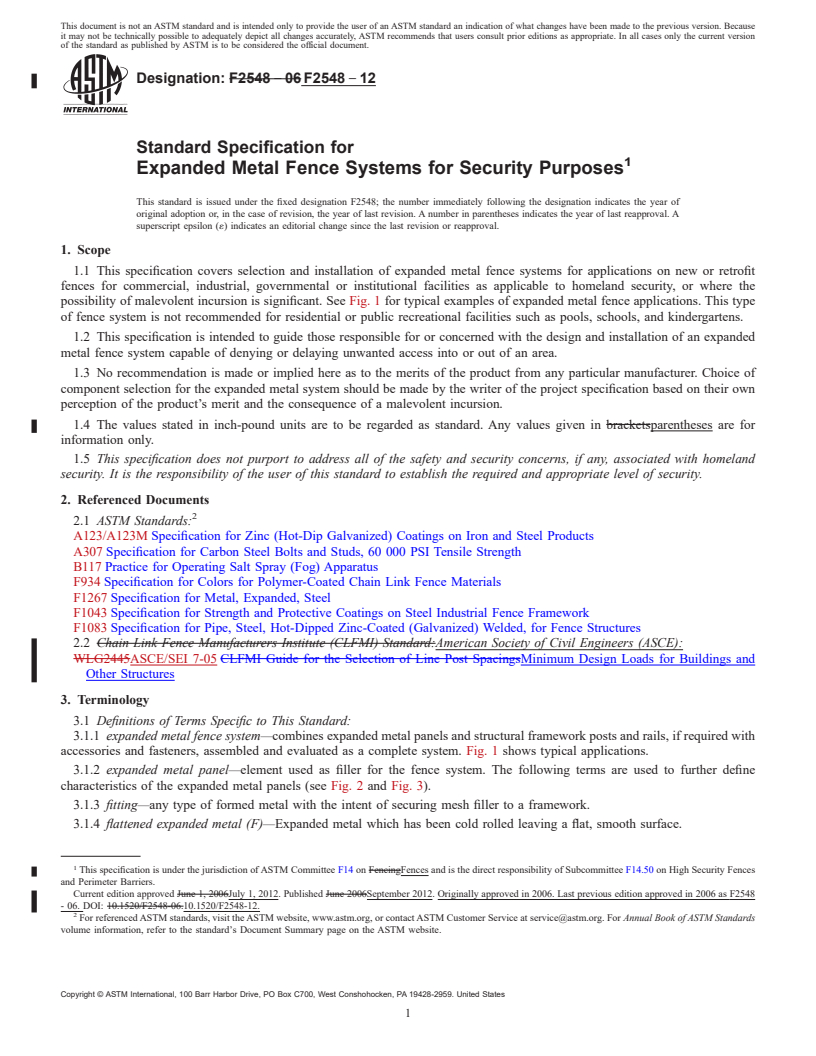 REDLINE ASTM F2548-12 - Standard Specification for Expanded Metal Fence Systems for Security Purposes