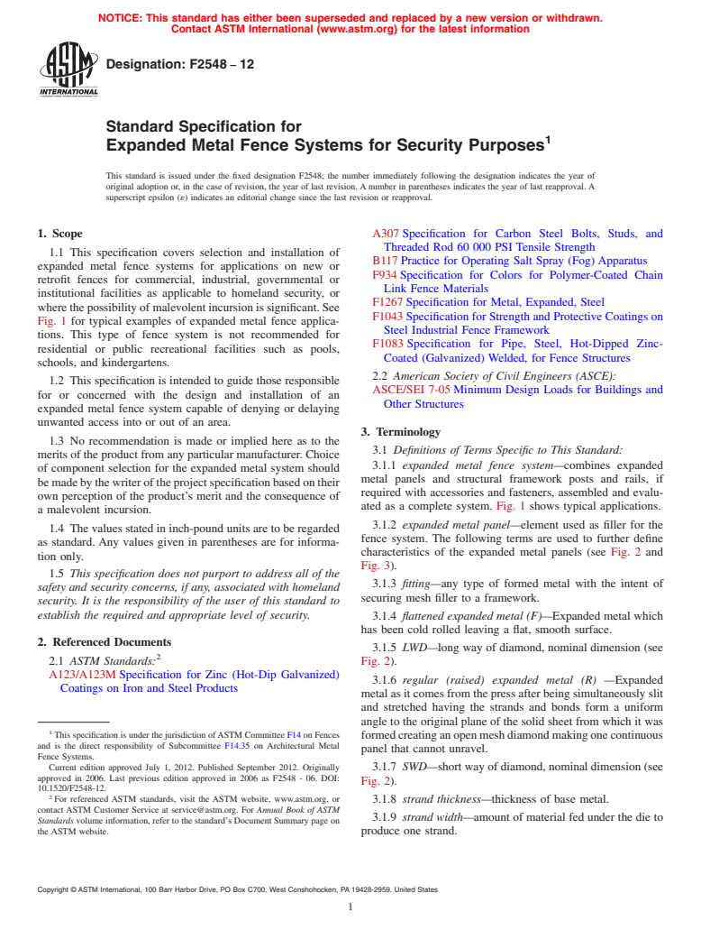 ASTM F2548-12 - Standard Specification for Expanded Metal Fence Systems for Security Purposes