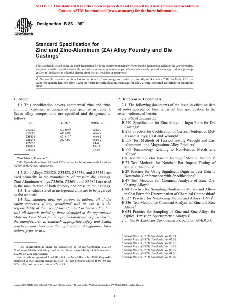 ASTM B86-98e1 - Standard Specification for Zinc and Zinc-Aluminum (ZA) Alloy Foundry and Die Castings