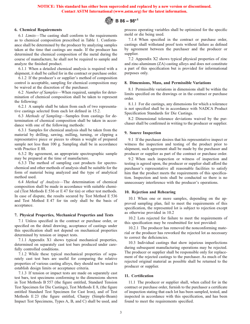 ASTM B86-98e1 - Standard Specification for Zinc and Zinc-Aluminum (ZA) Alloy Foundry and Die Castings