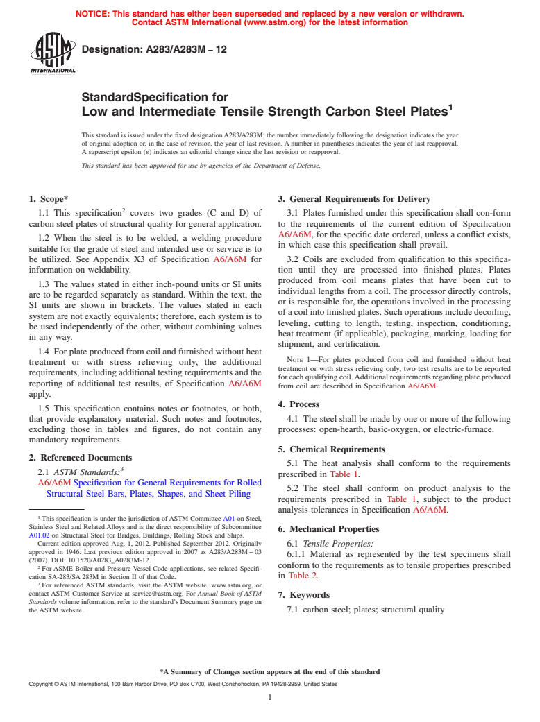 ASTM A283/A283M-12 - Standard Specification for  Low and Intermediate Tensile Strength Carbon Steel Plates