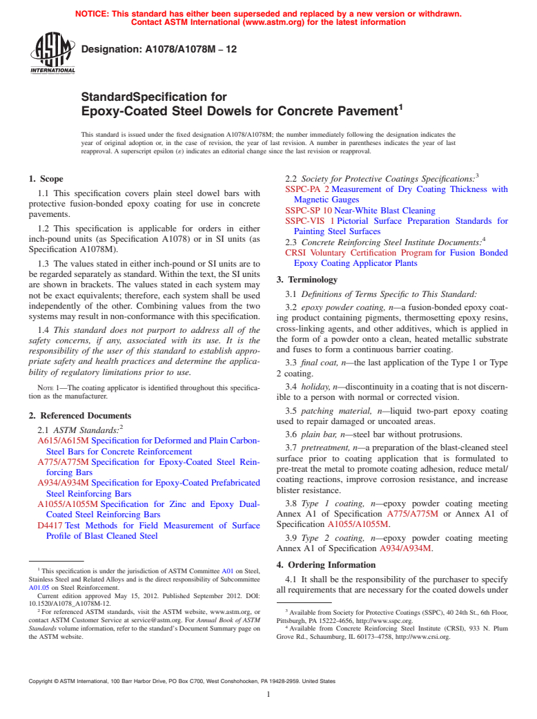 ASTM A1078/A1078M-12 - Standard Specification for Epoxy-Coated Steel Dowels for Concrete Pavement