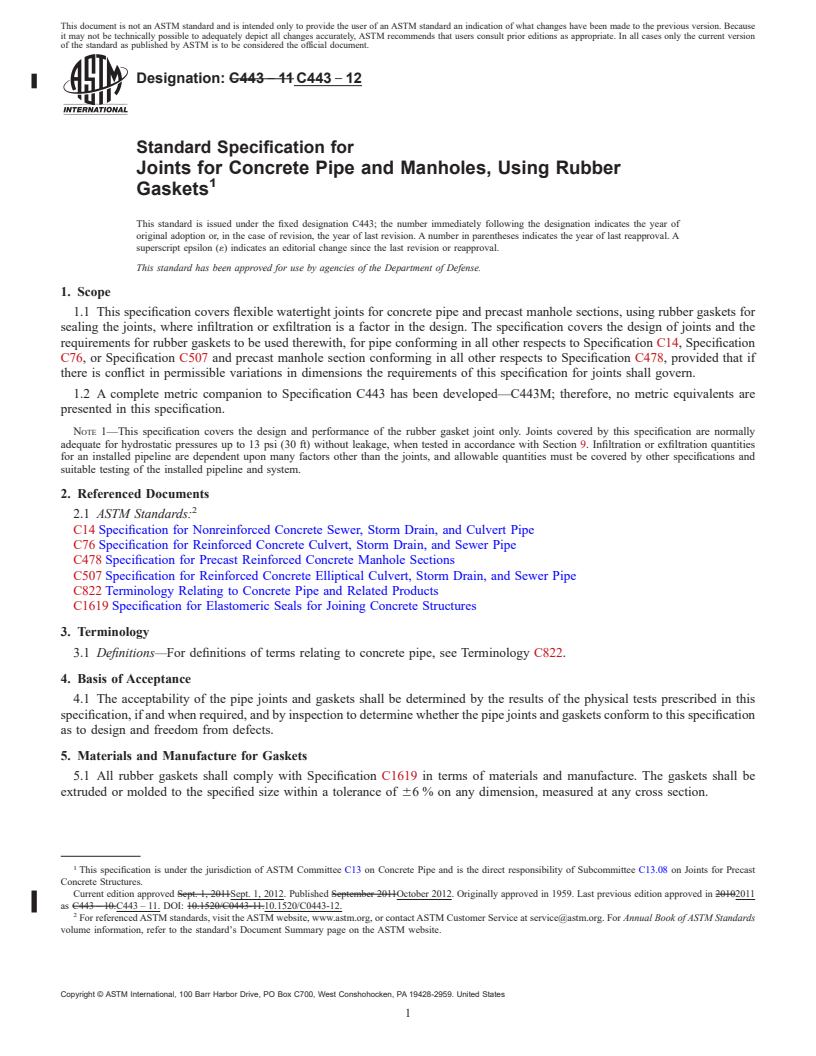 REDLINE ASTM C443-12 - Standard Specification for Joints for Concrete Pipe and Manholes, Using Rubber Gaskets