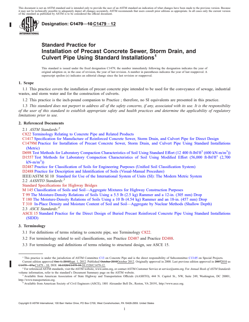 REDLINE ASTM C1479-12 - Standard Practice for  Installation of Precast Concrete Sewer, Storm Drain, and Culvert   Pipe Using Standard Installations