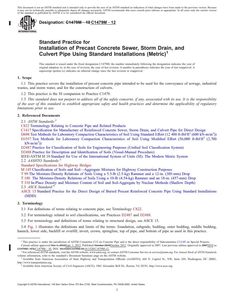 REDLINE ASTM C1479M-12 - Standard Practice for  Installation of Precast Concrete Sewer, Storm Drain, and Culvert   Pipe Using Standard Installations (Metric)