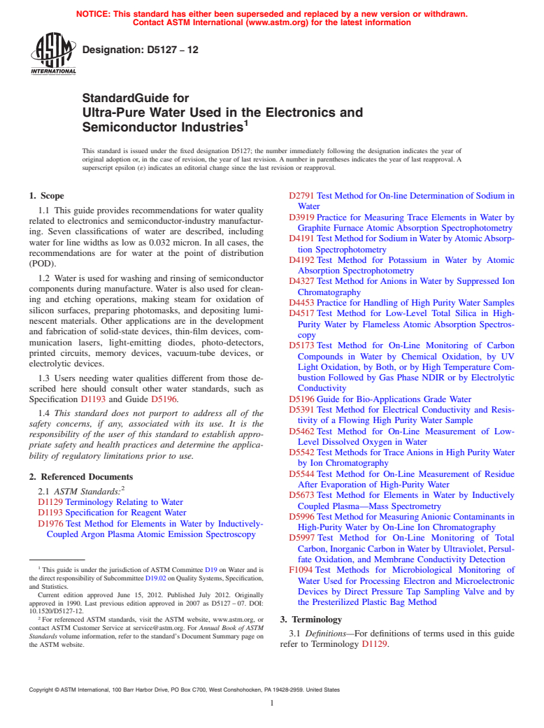 ASTM D5127-12 - Standard Guide for Ultra-Pure Water Used in the Electronics and Semiconductor Industries