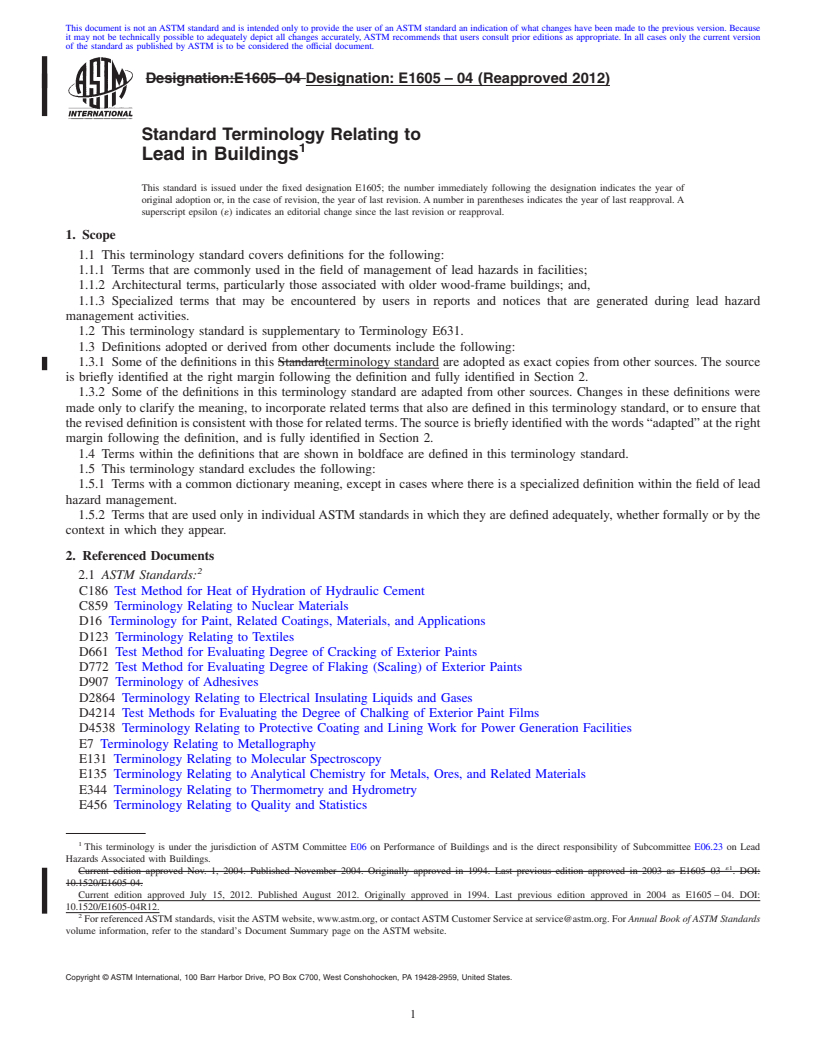 REDLINE ASTM E1605-04(2012) - Standard Terminology Relating to Lead in Buildings