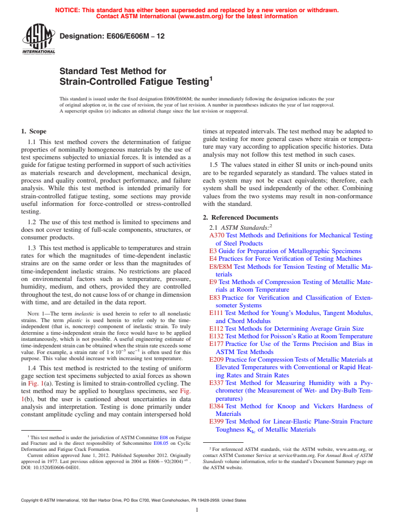 ASTM E606/E606M-12 - Standard Test Method for Strain-Controlled Fatigue Testing