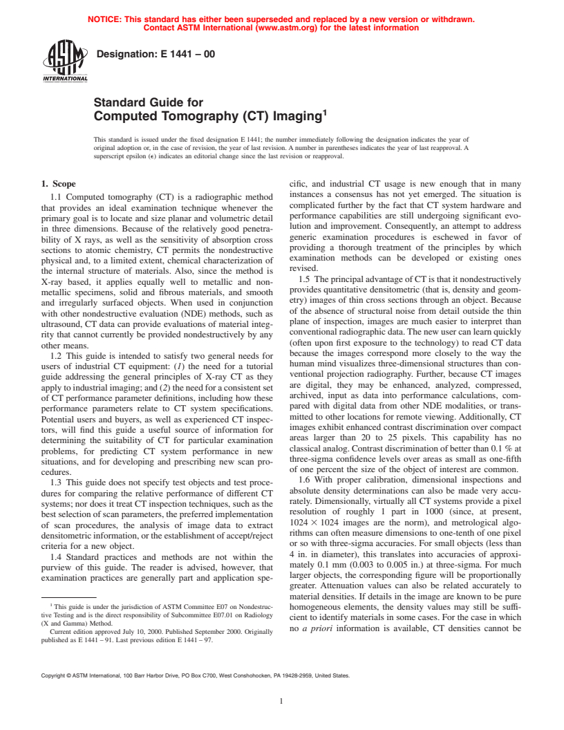 ASTM E1441-00 - Standard Guide for Computed Tomography (CT) Imaging