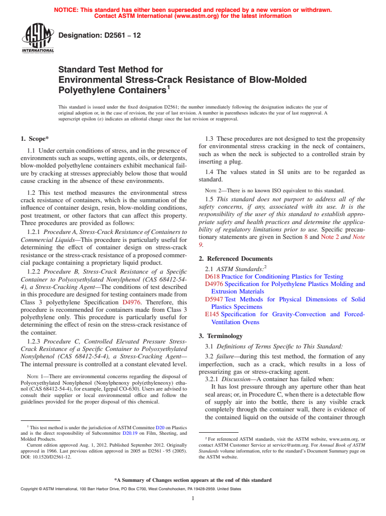 ASTM D2561-12 - Standard Test Method for  Environmental Stress-Crack Resistance of Blow-Molded Polyethylene  Containers