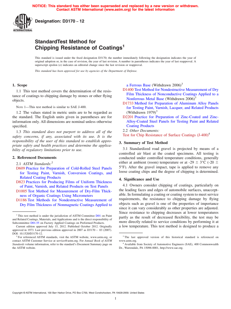 ASTM D3170-12 - Standard Test Method for  Chipping Resistance of Coatings