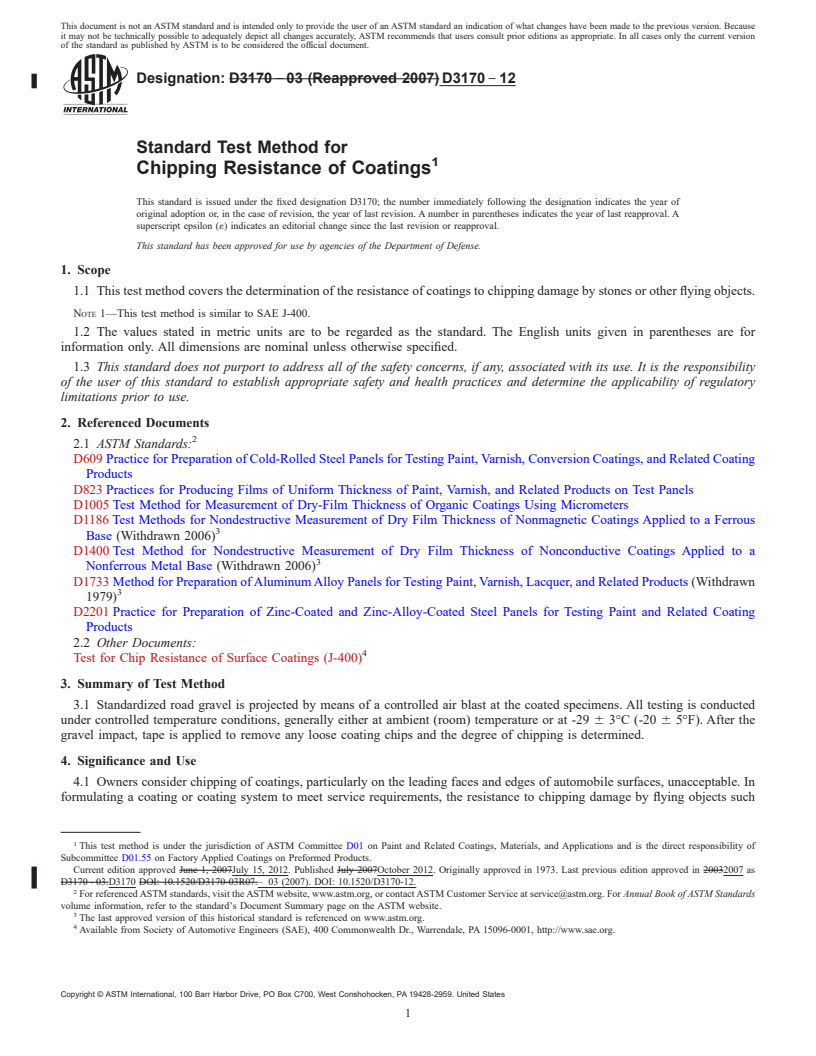 REDLINE ASTM D3170-12 - Standard Test Method for  Chipping Resistance of Coatings