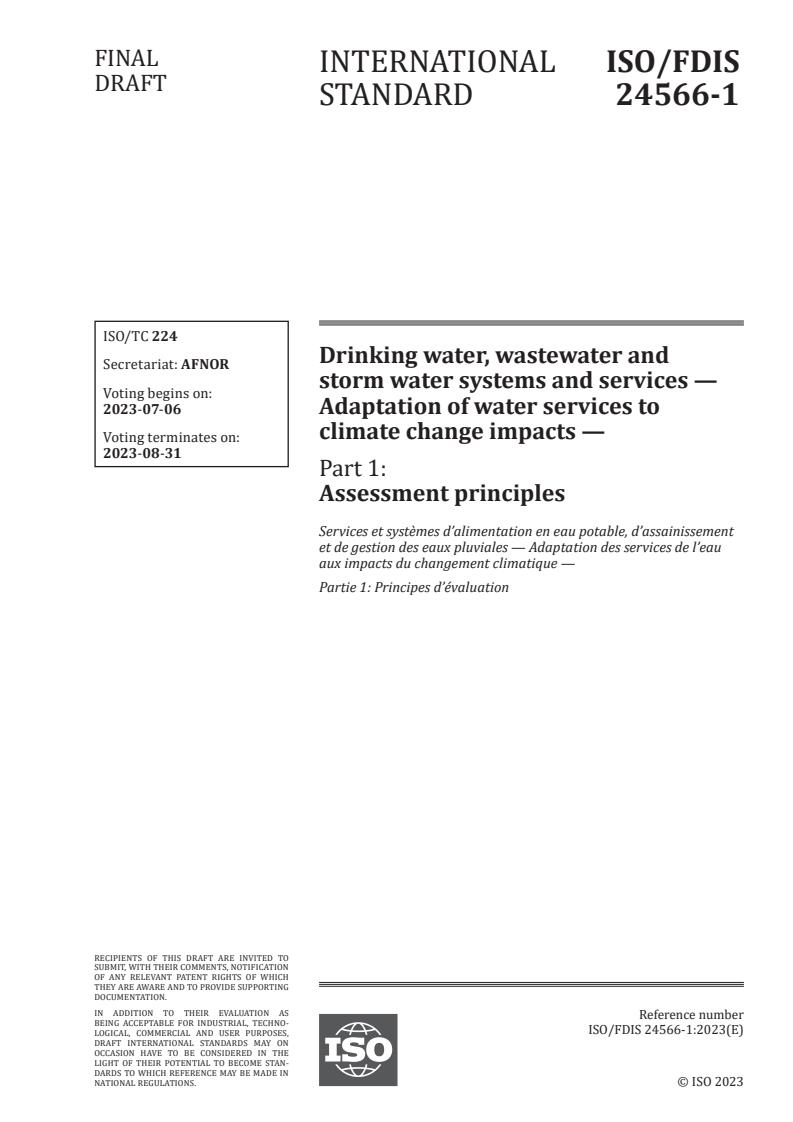 ISO 24566-1 - Drinking water, wastewater and storm water systems and services — Adaptation of water services to climate change impacts — Part 1: Assessment principles
Released:6/22/2023