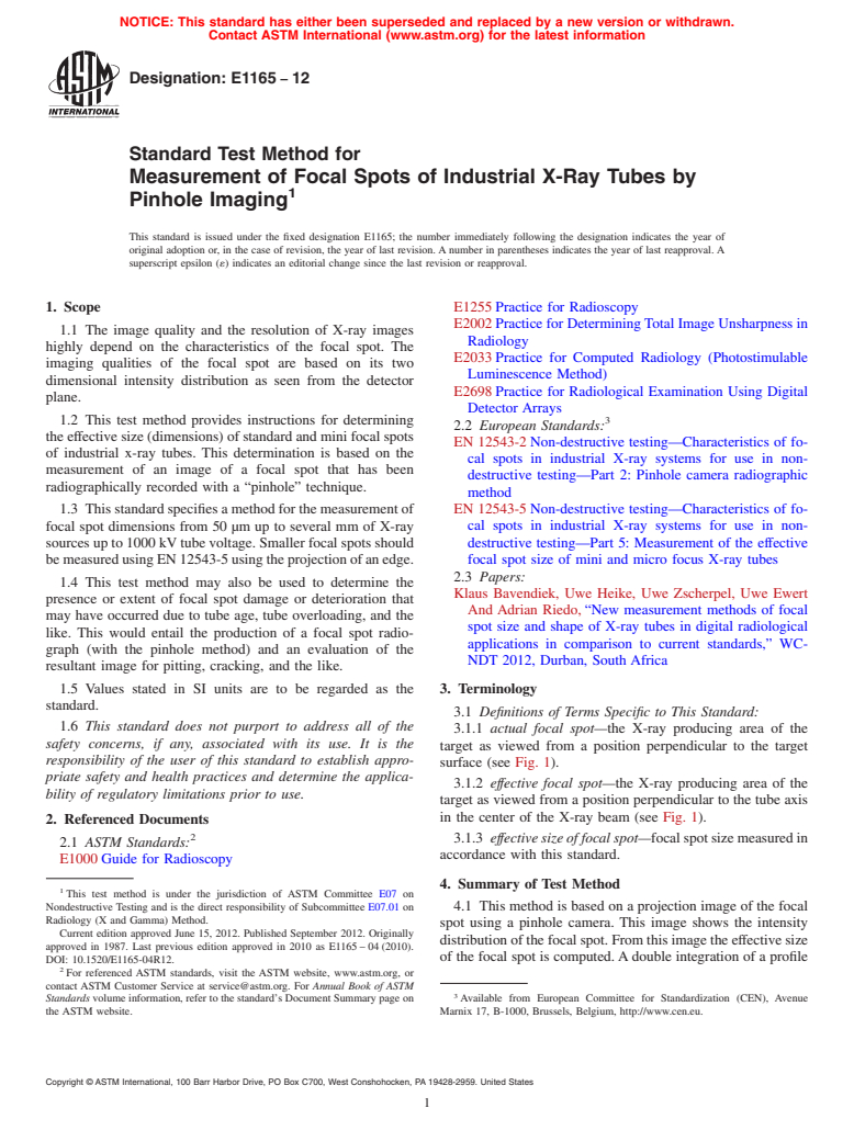 ASTM E1165-12 - Standard Test Method for Measurement of Focal Spots of Industrial X-Ray Tubes by Pinhole Imaging