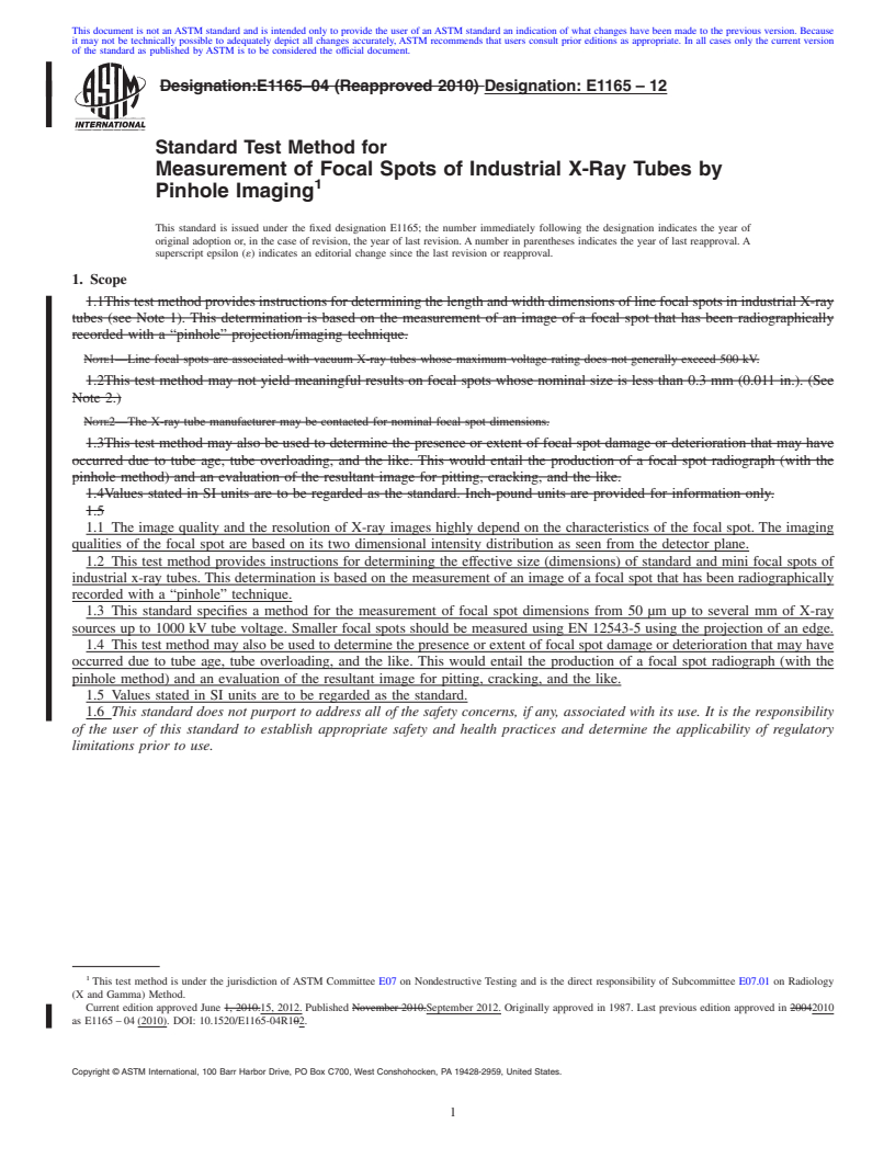 REDLINE ASTM E1165-12 - Standard Test Method for Measurement of Focal Spots of Industrial X-Ray Tubes by Pinhole Imaging