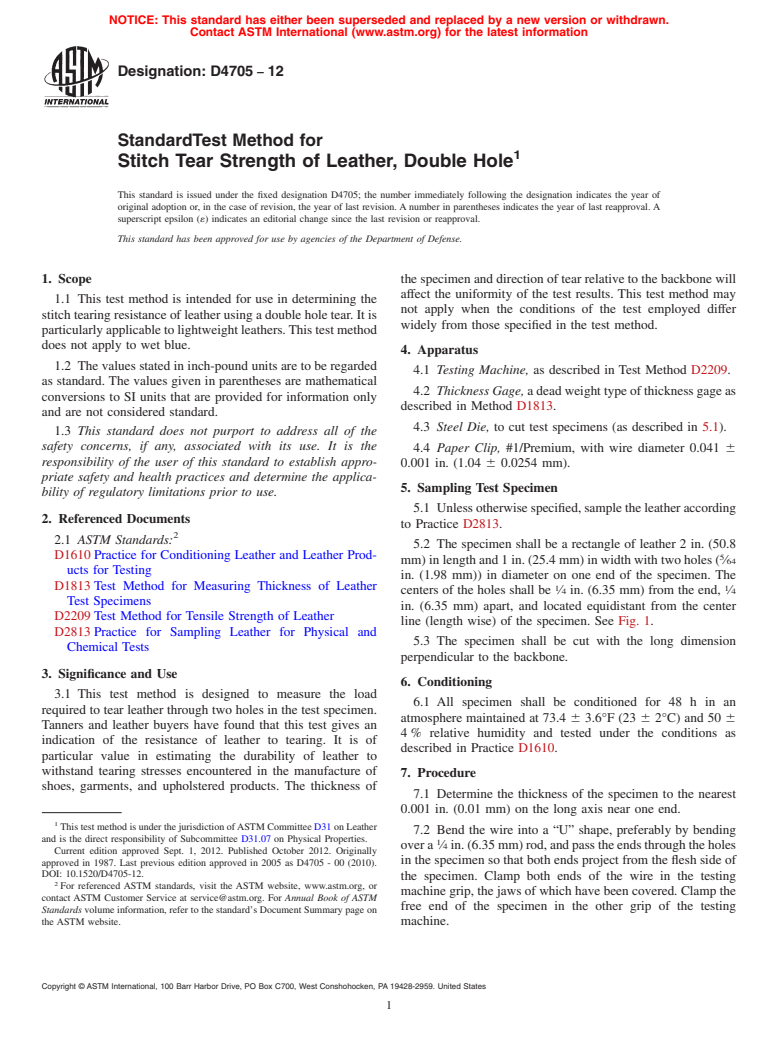 ASTM D4705-12 - Standard Test Method for  Stitch Tear Strength of Leather, Double Hole