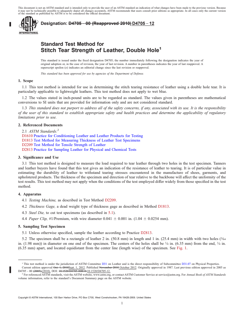 REDLINE ASTM D4705-12 - Standard Test Method for  Stitch Tear Strength of Leather, Double Hole