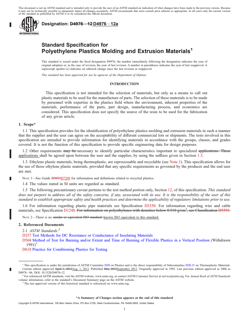 REDLINE ASTM D4976-12a - Standard Specification for Polyethylene Plastics Molding and Extrusion Materials