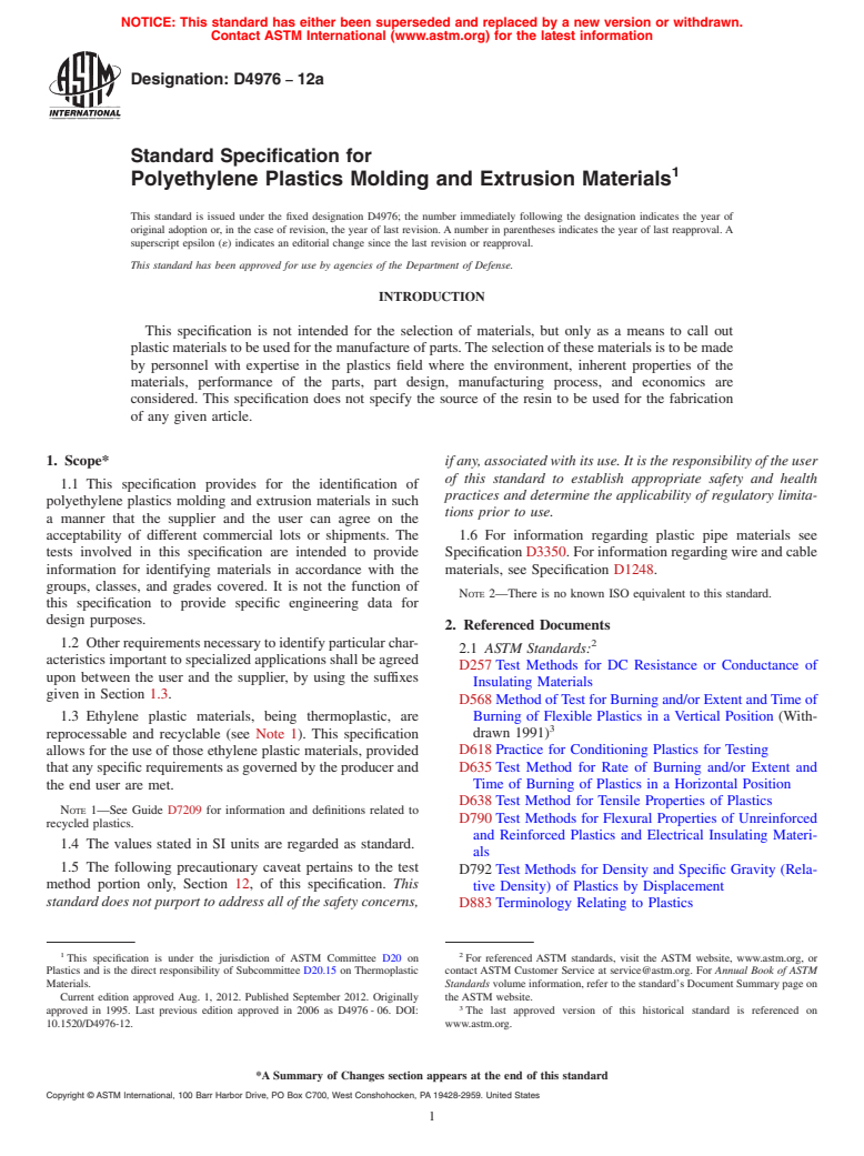 ASTM D4976-12a - Standard Specification for Polyethylene Plastics Molding and Extrusion Materials