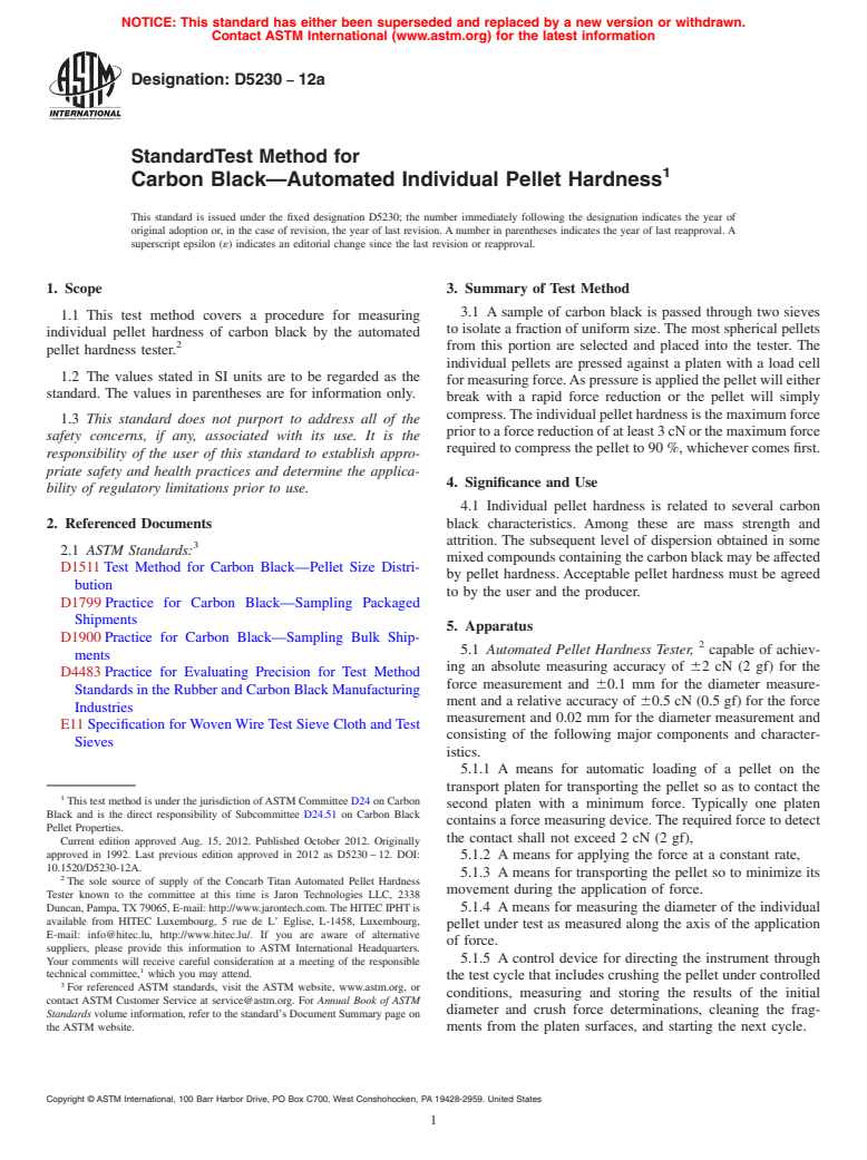 ASTM D5230-12a - Standard Test Method for  Carbon Black&mdash;Automated Individual Pellet Hardness