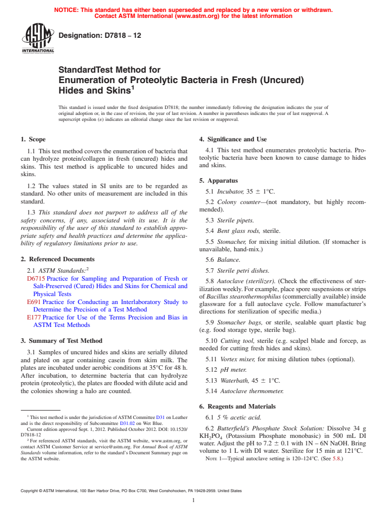 ASTM D7818-12 - Standard Test Method for Enumeration of  Proteolytic Bacteria in Fresh (Uncured) Hides  and Skins