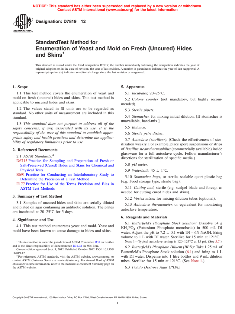 ASTM D7819-12 - Standard Test Method for Enumeration of Yeast and Mold on Fresh (Uncured) Hides and  Skins