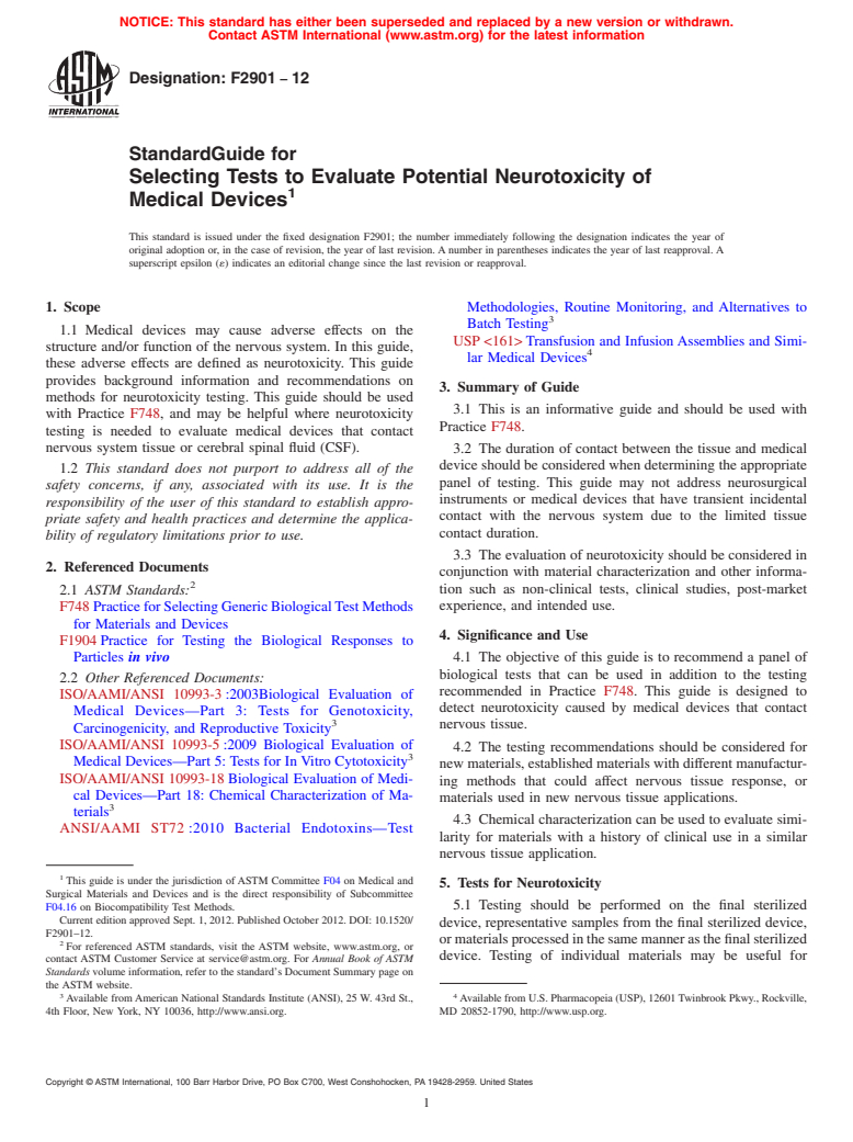 ASTM F2901-12 - Standard Guide for Selecting Tests to Evaluate Potential Neurotoxicity of  Medical Devices