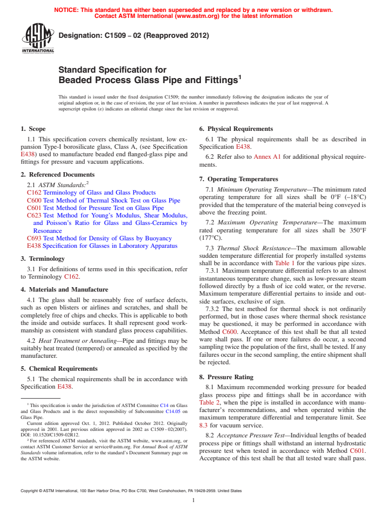 ASTM C1509-02(2012) - Standard Specification for  Beaded Process Glass Pipe and Fittings